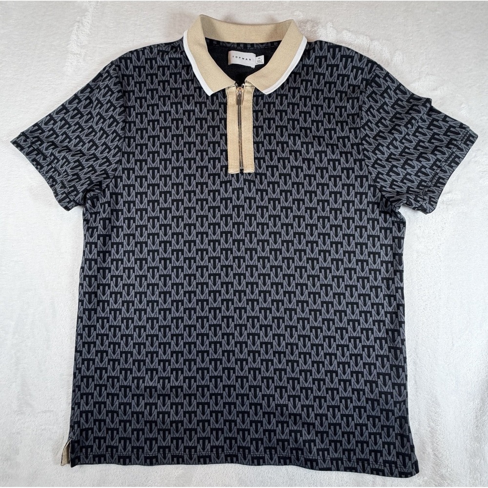 Topman Polo Men's XL‎ Black Gray Knit 1/4 Zip Shirt All Over Print Mod Retro